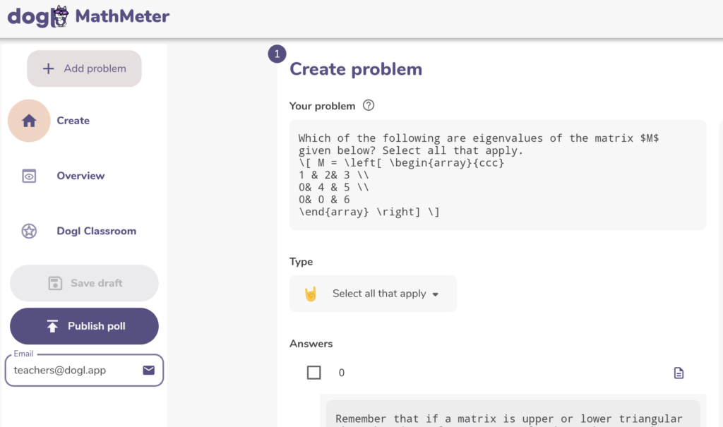 Sidebar options available in Dogl MathMeter